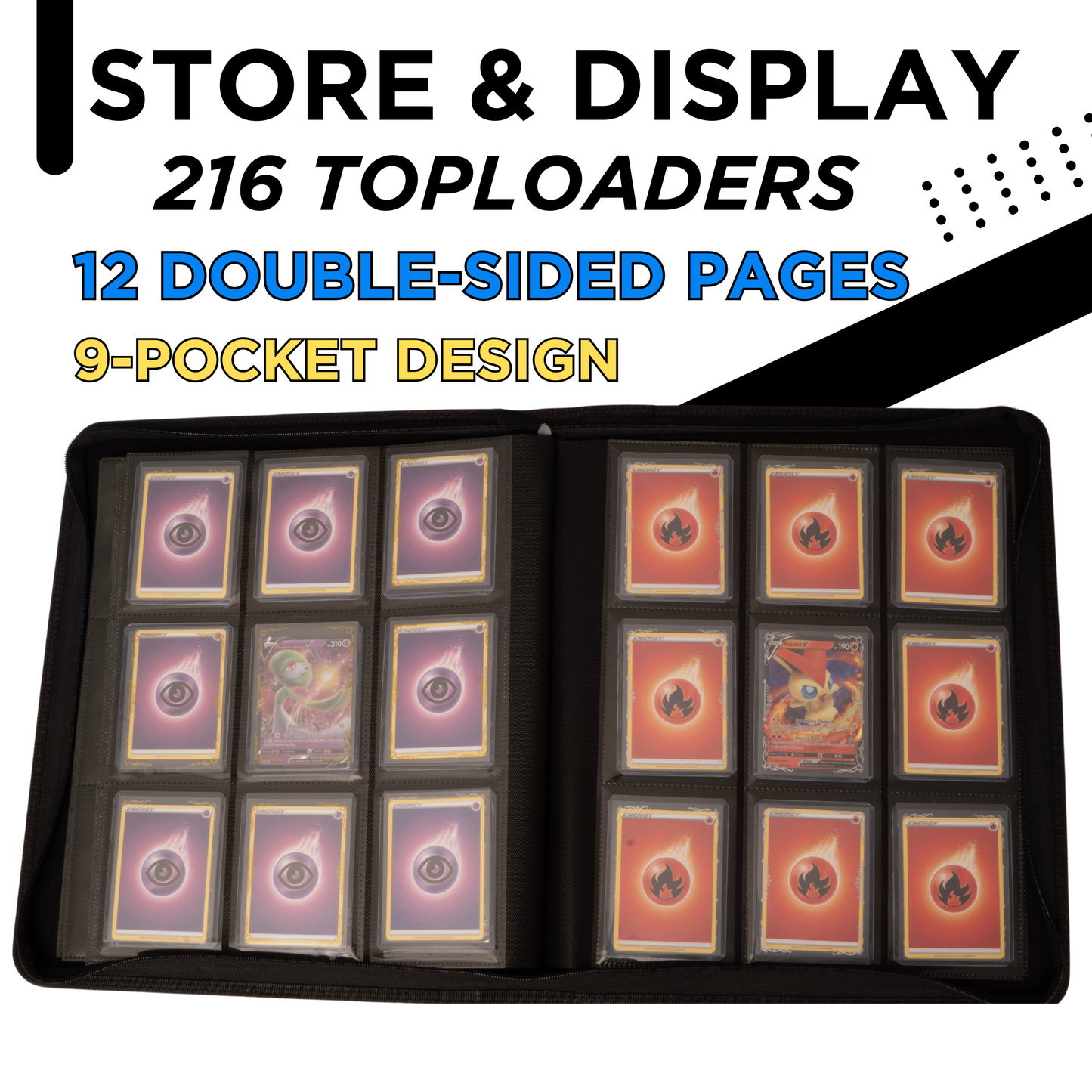 Premium Top Loader Binder for 216 Cards - 9 Pocket Double Sided Easy Flip Pages - Zipper-Enclosed Ringless Toploader Binder with Scratch Resistant Outer Cover - Quality Long Term Toploader Storage